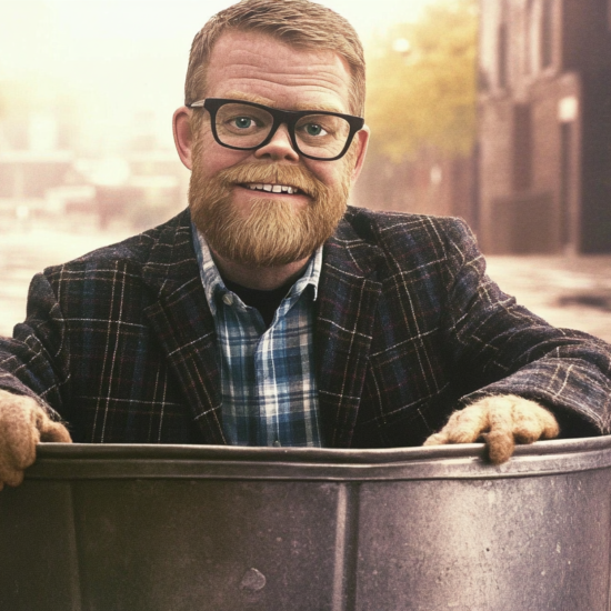 A man with glasses and a beard sitting in a trash can, wearing a plaid shirt and a blazer.