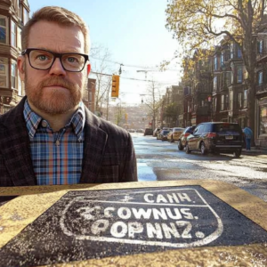A man wearing glasses and a plaid shirt stands in a crosswalk with a street sign in the foreground.