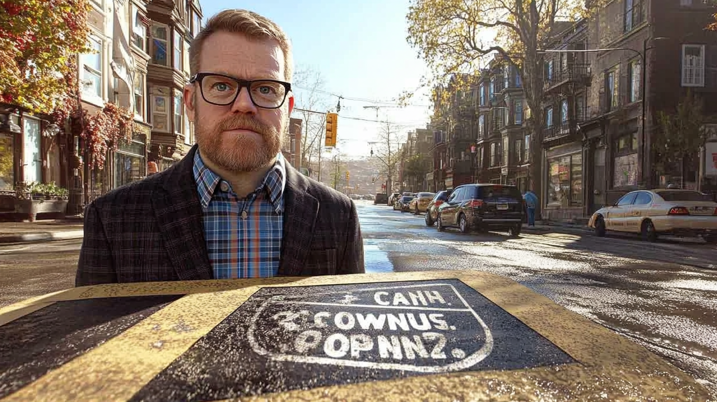 A man wearing glasses and a plaid shirt stands in a crosswalk with a street sign in the foreground.