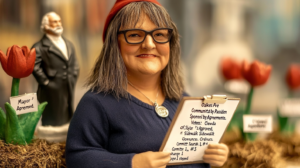 A garden gnome figurine wearing a red hat and glasses, holding a clipboard with a document.