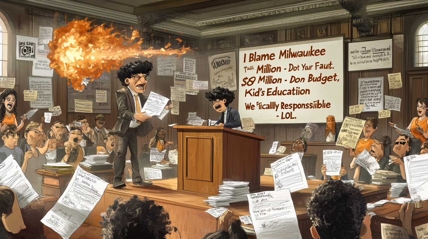 Cartoon illustration of a school board meeting with animated characters expressing frustration and holding papers.