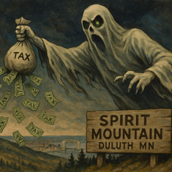 A ghostly figure holding a bag labeled 'TAX' with money flying out, near a sign for Spirit Mountain in Duluth, MN.