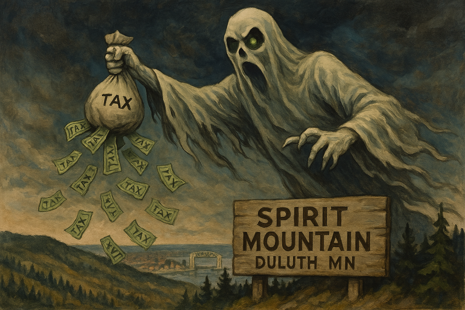 A ghostly figure holding a bag labeled 'TAX' with money flying out, near a sign for Spirit Mountain in Duluth, MN.