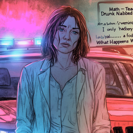 Illustration of a woman standing between two police officers near a police car with flashing lights.