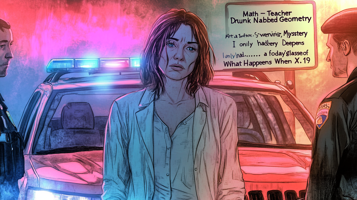 Illustration of a woman standing between two police officers near a police car with flashing lights.