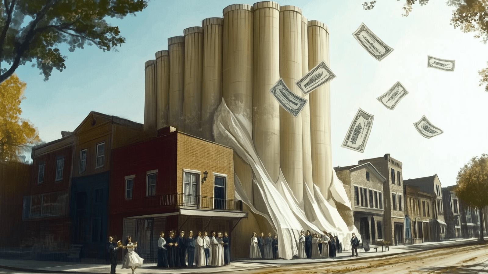 Grain silos with a white covering and people gathered in front, with dollar bills floating in the air.