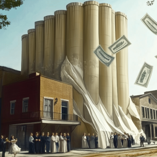 Grain silos with a white covering and people gathered in front, with dollar bills floating in the air.