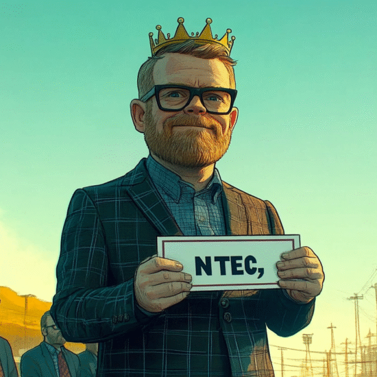 A cartoon-style illustration of a man with glasses and a crown holding a sign that says 'NTEC'.