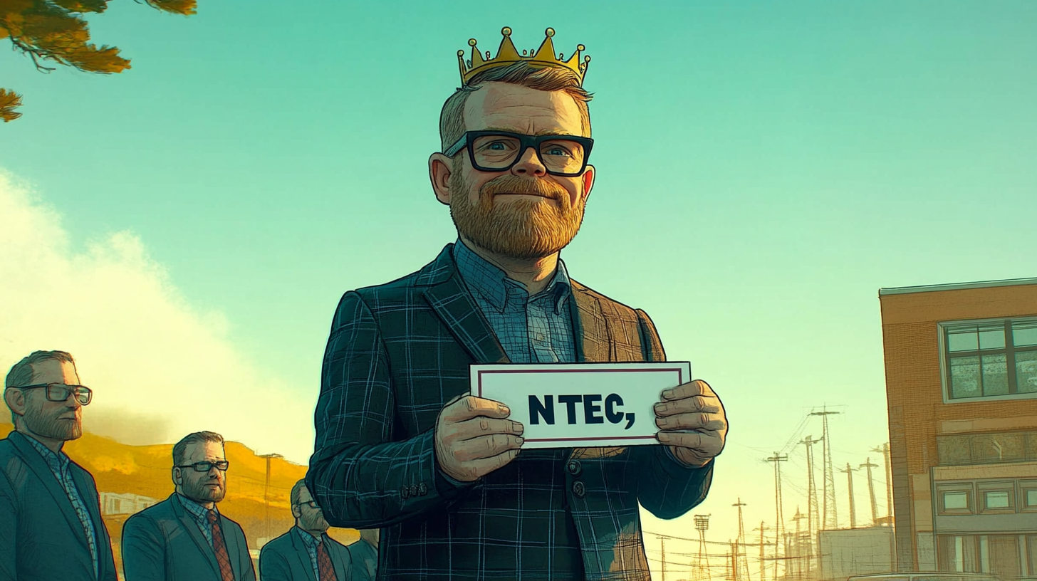 A cartoon-style illustration of a man with glasses and a crown holding a sign that says 'NTEC'.