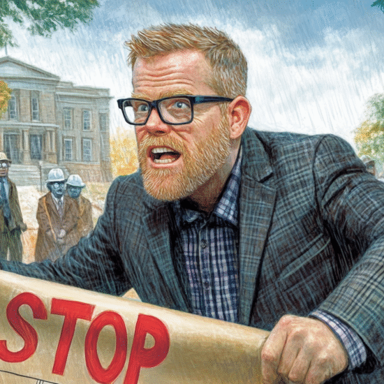 Man with glasses holding a sign that says 'STOP' in a protest scene with others in the background holding signs.