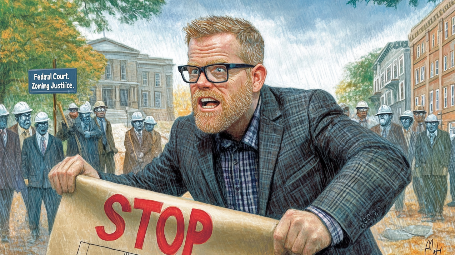 Man with glasses holding a sign that says 'STOP' in a protest scene with others in the background holding signs.