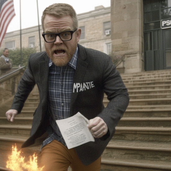 A man in a blazer and orange pants running outdoors with flames on his pants while holding a piece of paper.