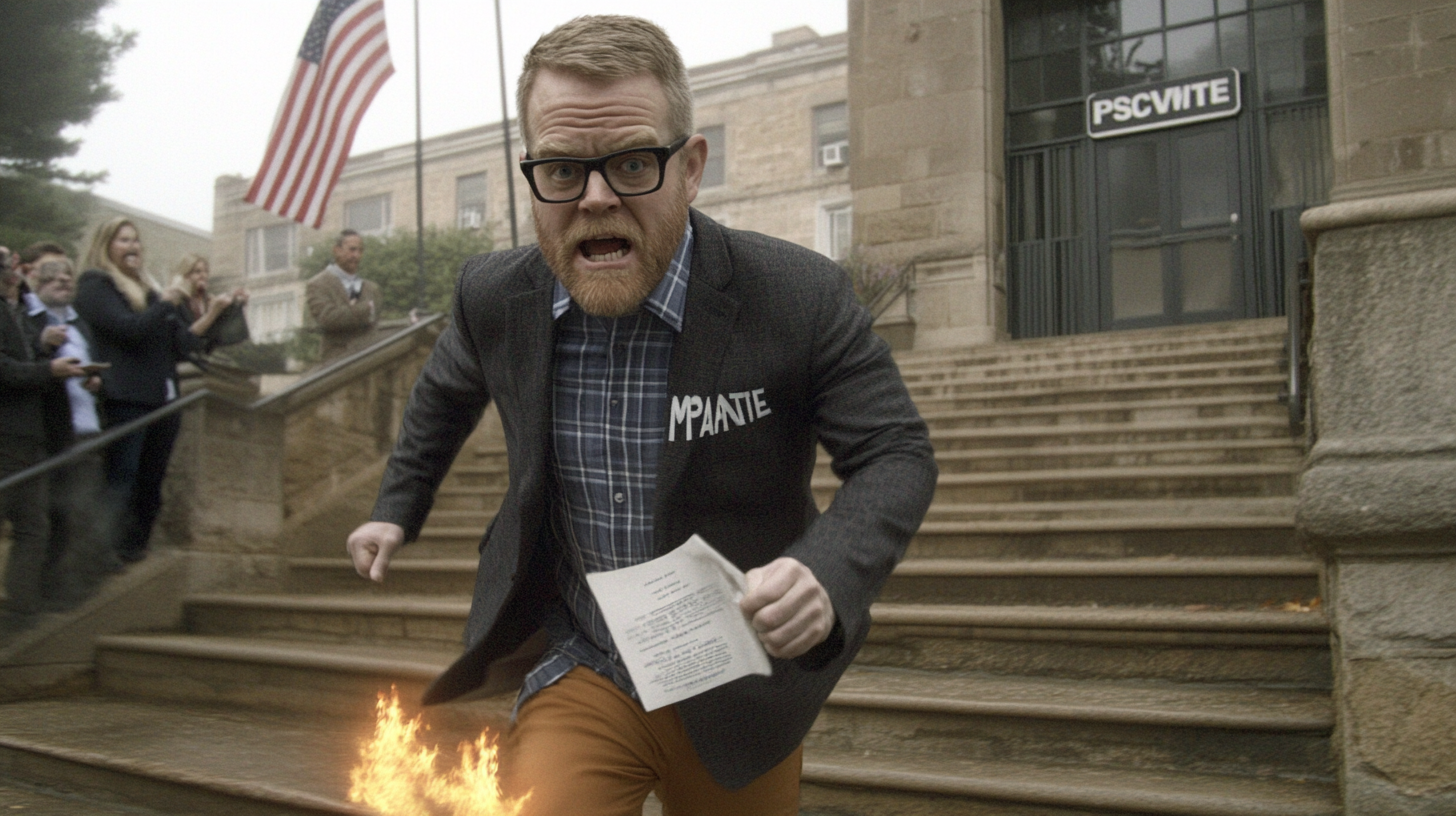 A man in a blazer and orange pants running outdoors with flames on his pants while holding a piece of paper.