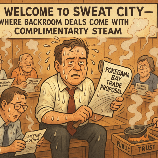Illustration depicting a tense council meeting in a steamy room with attendees looking concerned.
