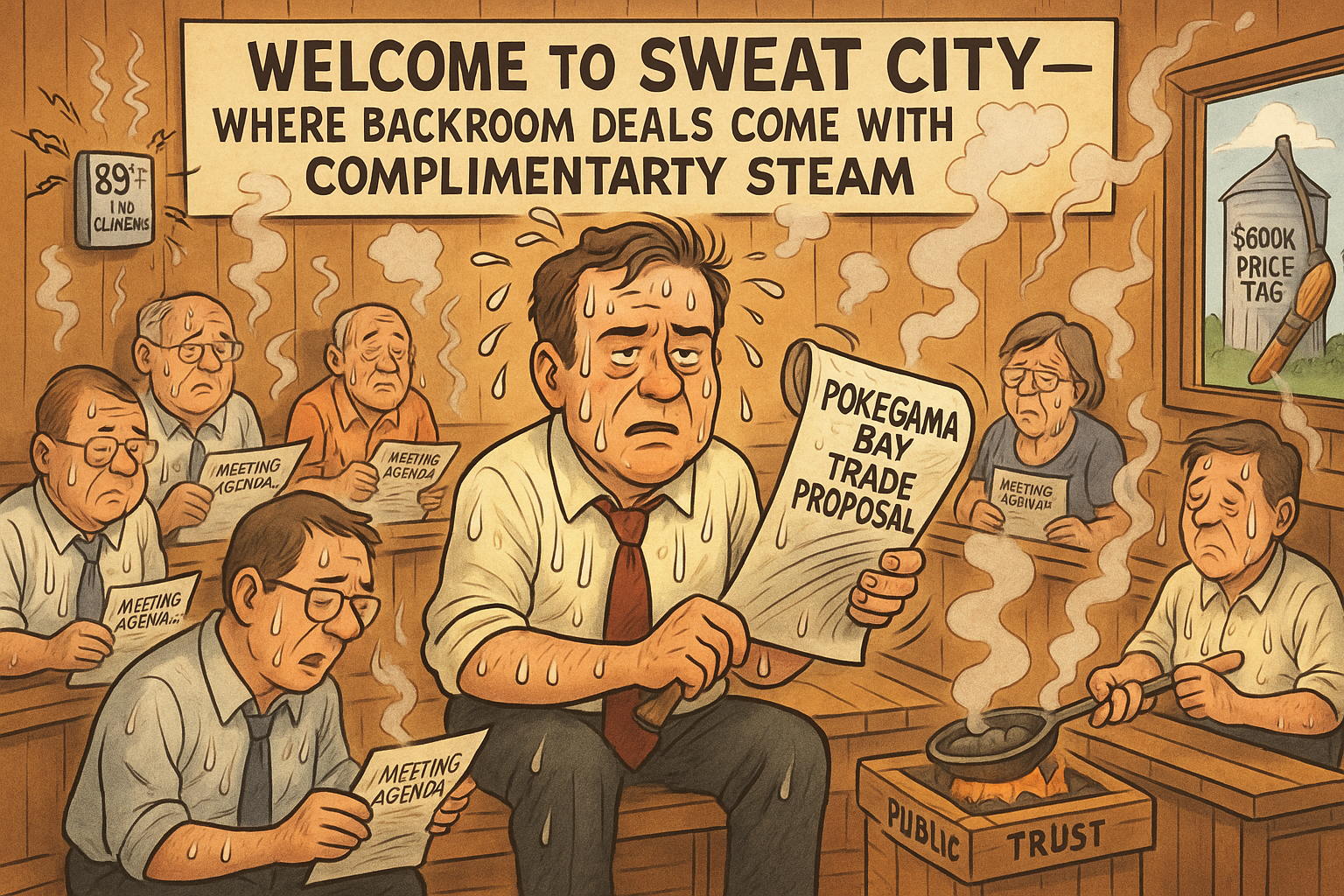 Illustration depicting a tense council meeting in a steamy room with attendees looking concerned.