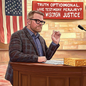 A man in a plaid jacket testifying at a court table with a block of cheese in front of him.