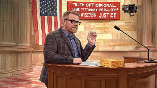 A man in a plaid jacket testifying at a court table with a block of cheese in front of him.