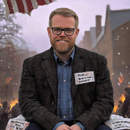 Man wearing glasses and a brown jacket sitting with newspapers at a protest scene with flames in the background.
