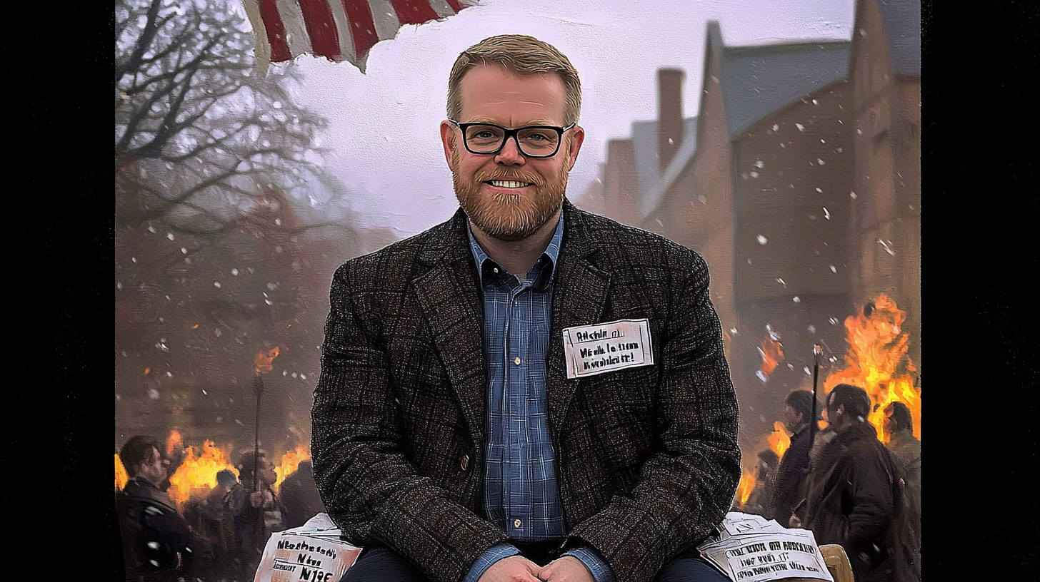 Man wearing glasses and a brown jacket sitting with newspapers at a protest scene with flames in the background.