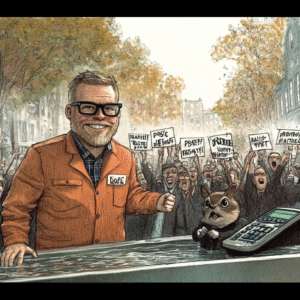 Illustration of a character in an orange jacket with a squirrel at a protest with signs in a crowd.