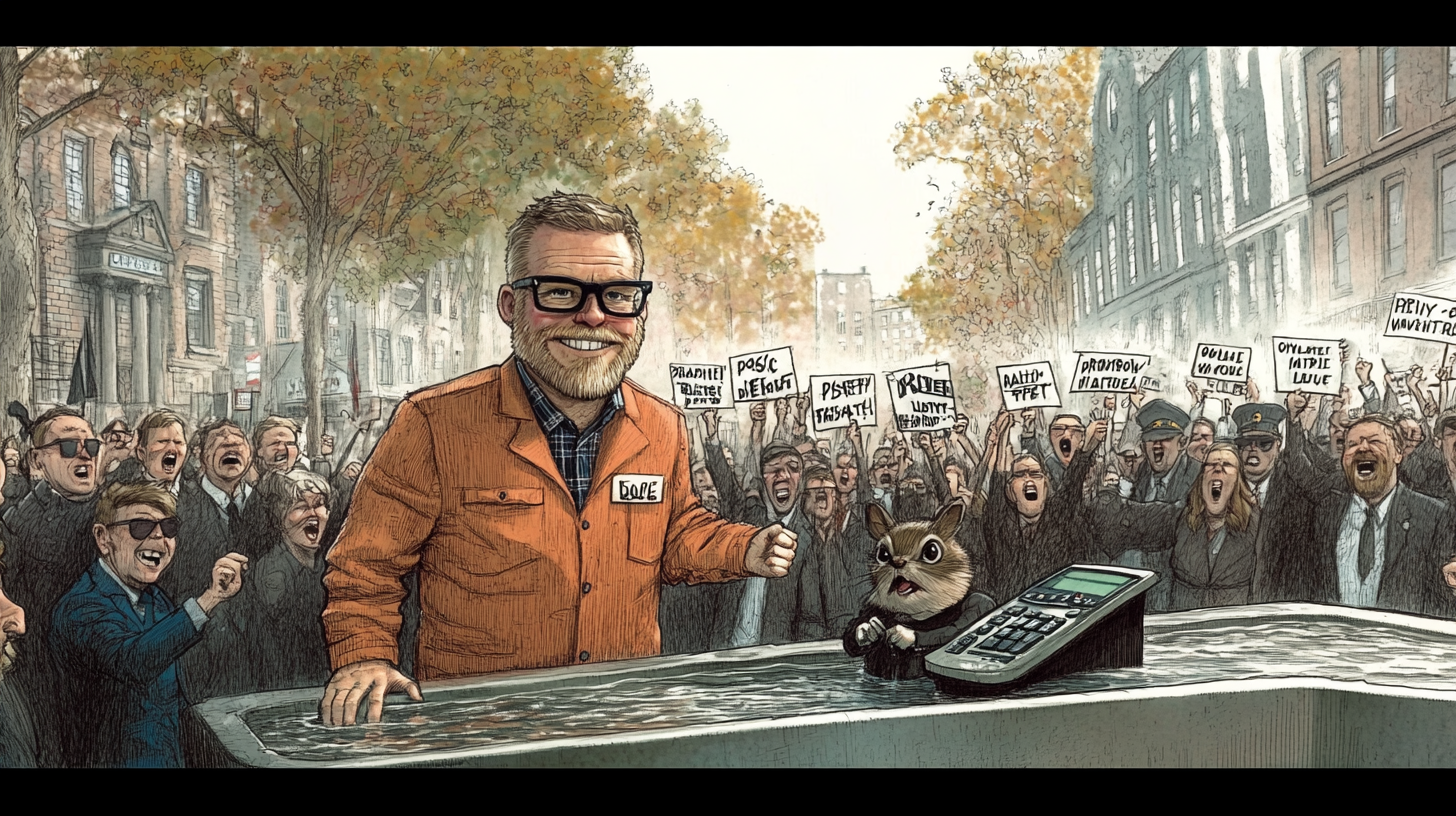 Illustration of a character in an orange jacket with a squirrel at a protest with signs in a crowd.
