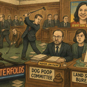 Illustration depicting a city council meeting with members at desks and a figure swinging a golf club.