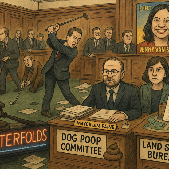 Illustration depicting a city council meeting with members at desks and a figure swinging a golf club.