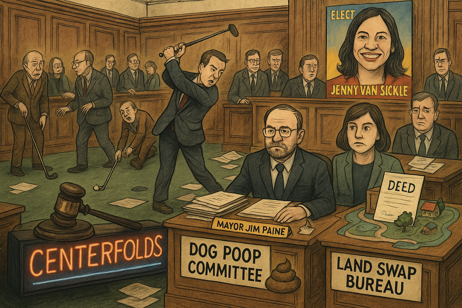 Illustration depicting a city council meeting with members at desks and a figure swinging a golf club.