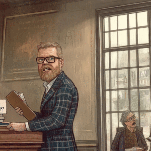 Illustration of a man in a museum with a burning sign about budget and history.