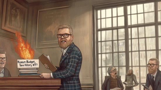 Illustration of a man in a museum with a burning sign about budget and history.