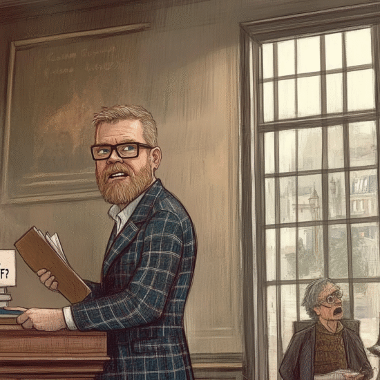 Illustration of a man in a museum with a burning sign about budget and history.