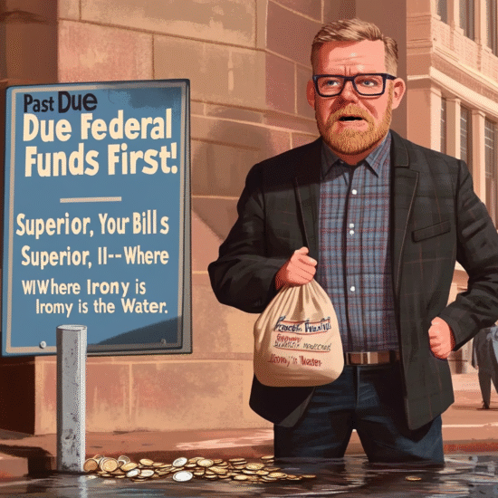 A man in a plaid suit holding a bag labeled 'Federal Funds' stands near a sign about overdue federal funds.