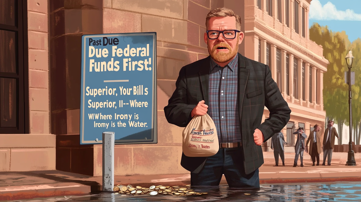 A man in a plaid suit holding a bag labeled 'Federal Funds' stands near a sign about overdue federal funds.