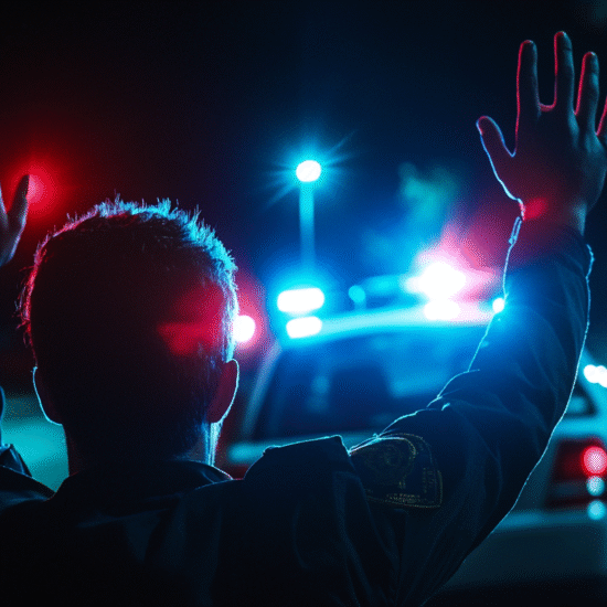 A police officer with hands raised in front of a police car with flashing lights at night.