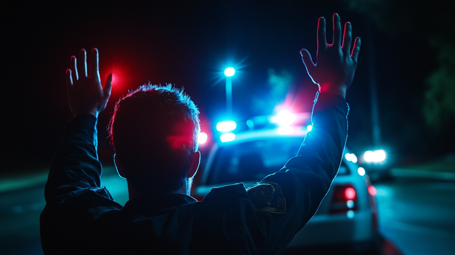 A police officer with hands raised in front of a police car with flashing lights at night.