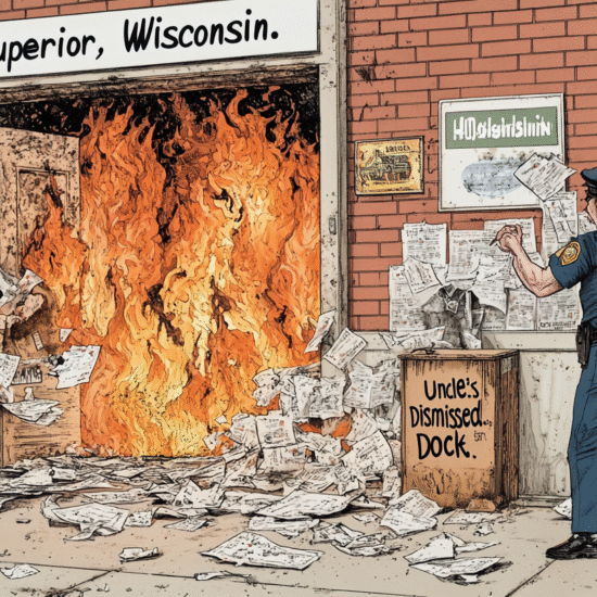 An illustration depicting a fire at the entrance of a building in Superior, Wisconsin, with police officers responding.