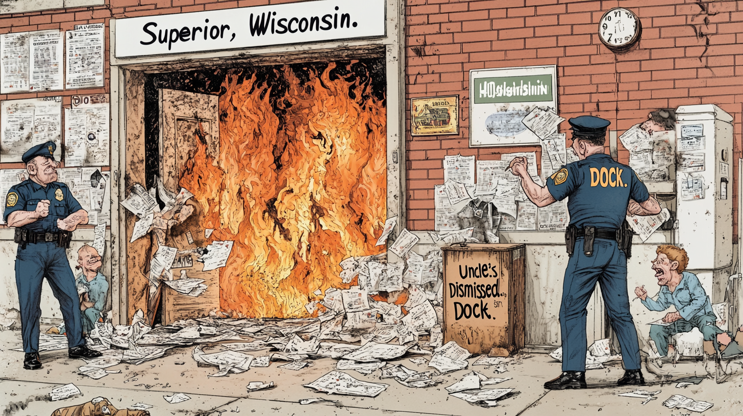 An illustration depicting a fire at the entrance of a building in Superior, Wisconsin, with police officers responding.