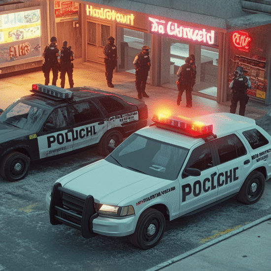 Two police cars with lights on and officers standing outside a restaurant in an urban setting.