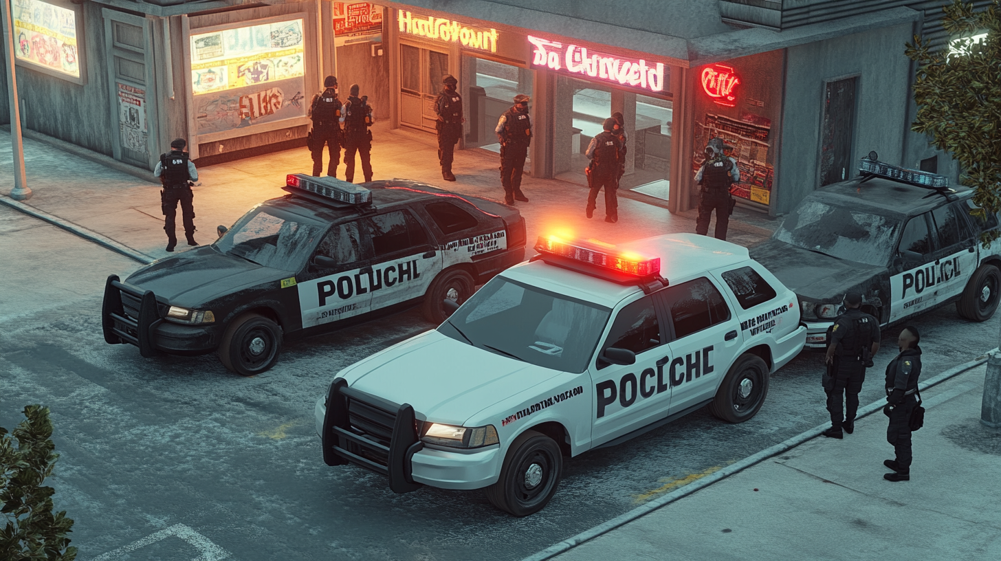 Two police cars with lights on and officers standing outside a restaurant in an urban setting.