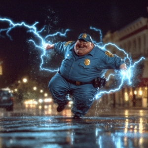 An animated police officer character surrounded by lightning effects in a nighttime urban setting.