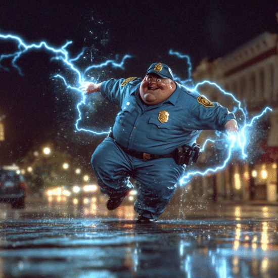 An animated police officer character surrounded by lightning effects in a nighttime urban setting.