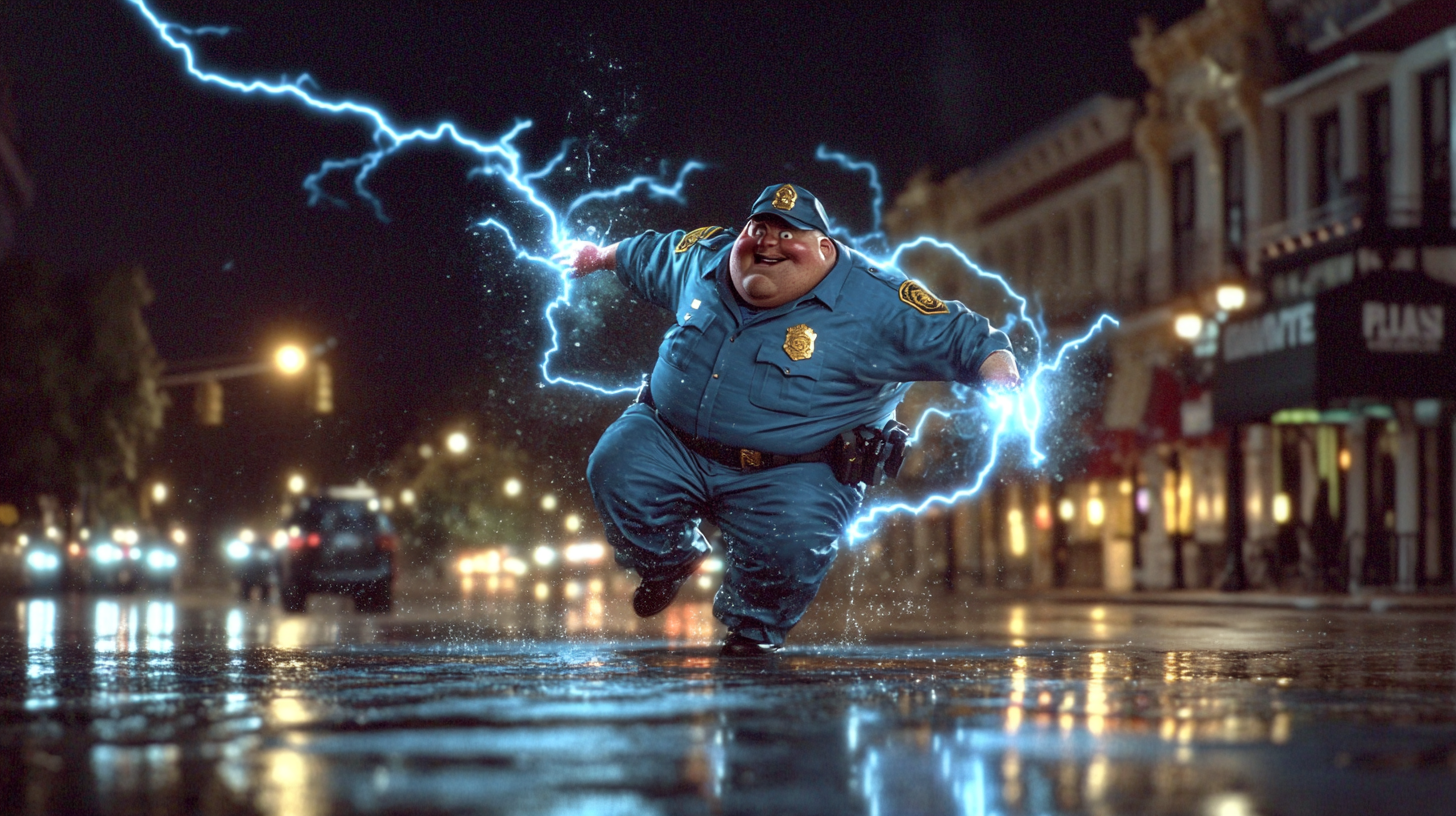 An animated police officer character surrounded by lightning effects in a nighttime urban setting.
