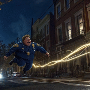 An animated police officer character flying through the air with a trail of light behind him.
