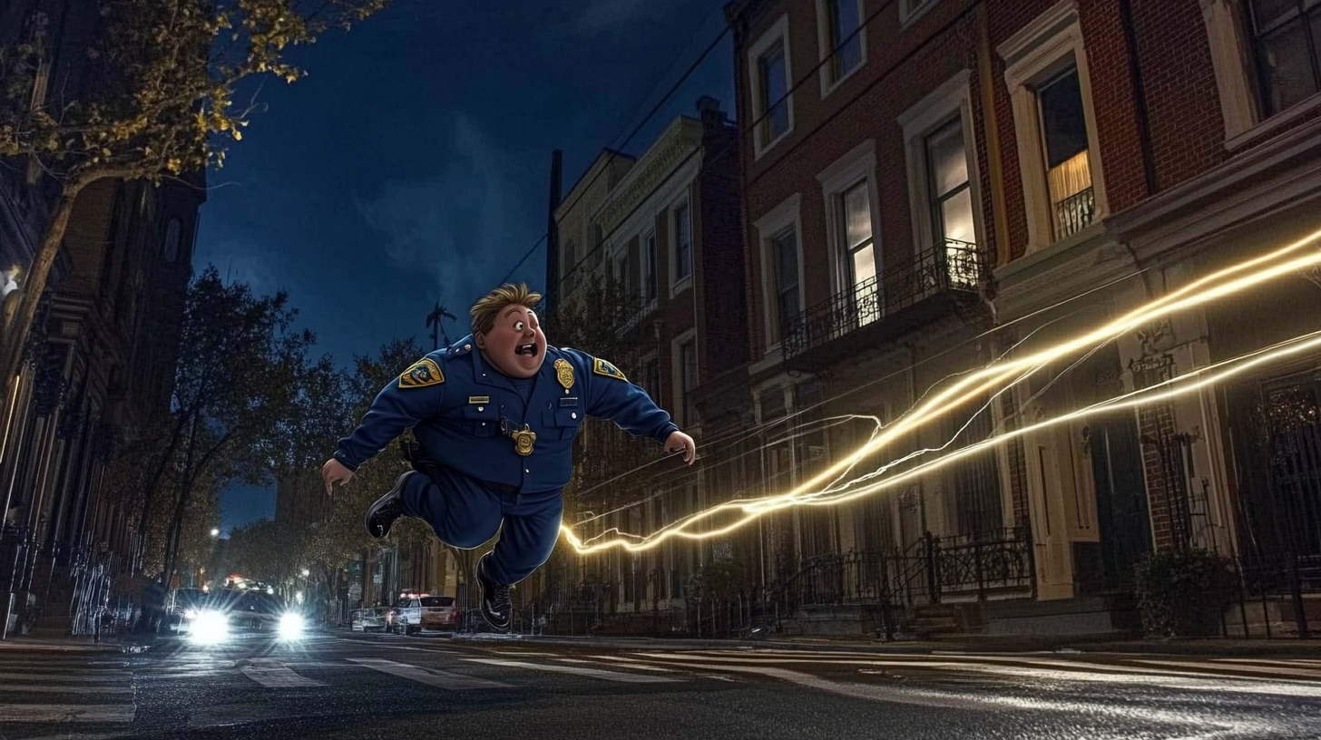 An animated police officer character flying through the air with a trail of light behind him.