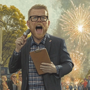 A man wearing glasses and a suit holding a microphone and clipboard during a festive event with fireworks in the background.