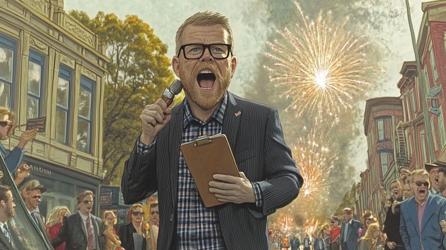 A man wearing glasses and a suit holding a microphone and clipboard during a festive event with fireworks in the background.