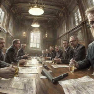 A group of men seated at a long conference table, each with a drink and blueprints in front of them.