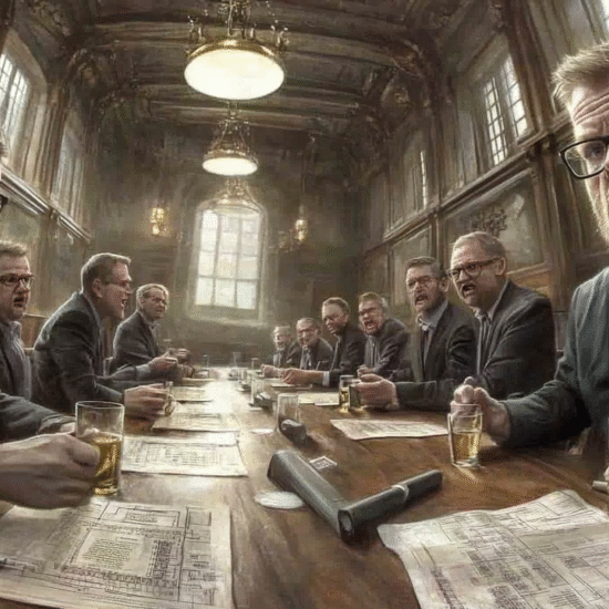 A group of men seated at a long conference table, each with a drink and blueprints in front of them.