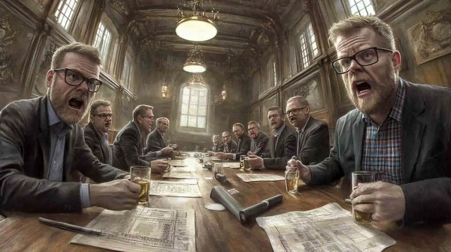 A group of men seated at a long conference table, each with a drink and blueprints in front of them.