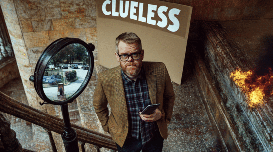 Man with glasses and a brown blazer holding a phone, standing near a mirror and a sign that says 'Clueless'.